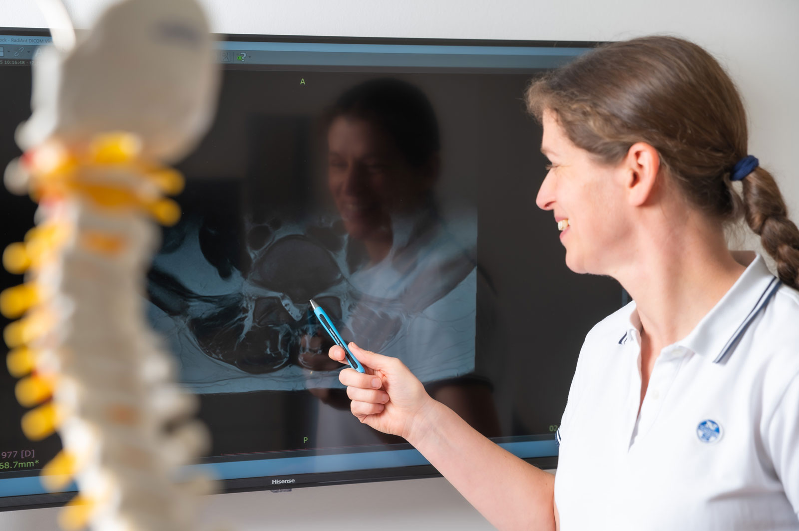 Wirbelsäulenmodell und Röntgenbild in der Schmerztherapie der Praxis Ortho Medis Dietz in Erlangen